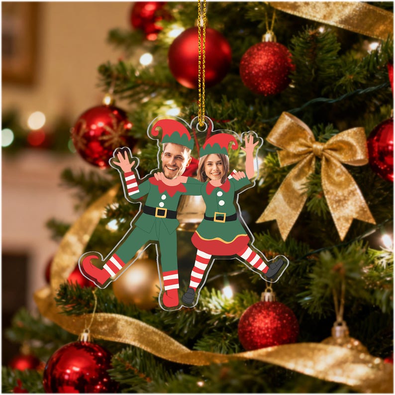 Personalized Funny Couple Photo Ornament 2025, Custom Face Elf Ornament for Husband Wife, Valentine Christmas Wedding Anniversary Gift