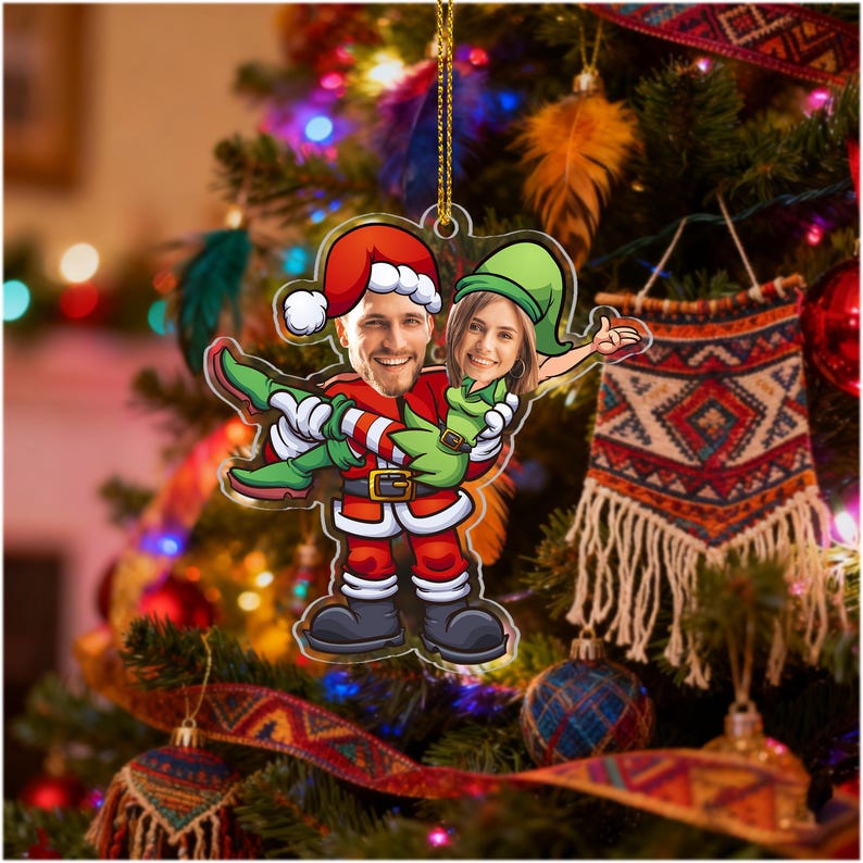 Personalized Funny Couple Photo Ornament 2025, Custom Face Elf Ornament for Husband Wife, Valentine Christmas Wedding Anniversary Gift