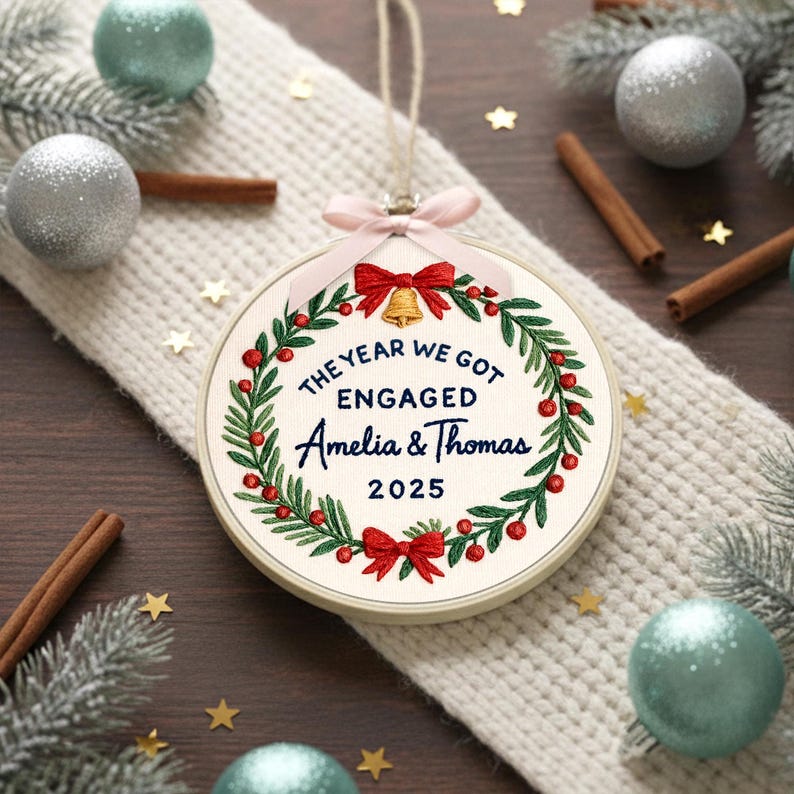 Personalized Embroidery Engagement Ornament, The Year We Got Engaged Ornament, Custom Couple Name Hoop, Engaged Christmas Gift for Couple