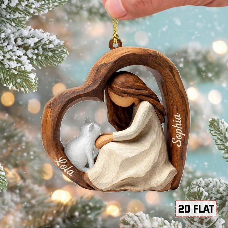 Personalized 2D Flat Faux Wood Cat Lover Acrylic Ornament Custom Girl and Cat Heart Ornament, Keepsake Gift for Cat Owners