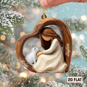 Personalized 2D Flat Faux Wood Cat Lover Acrylic Ornament Custom Girl and Cat Heart Ornament, Keepsake Gift for Cat Owners