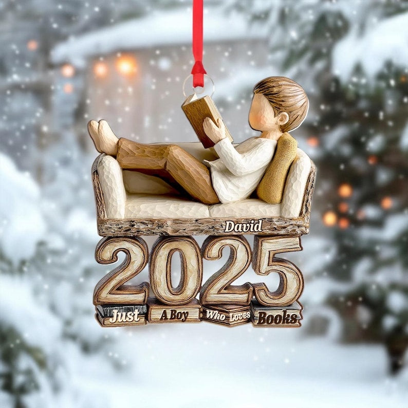 Custom Name Book Lover Ornament 2025, Personalized Reading Boy Keepsake, 2D Flat Acrylic Ornament, Just A Boy Who Loves Books Gift