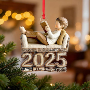 Custom Name Book Lover Ornament 2025, Personalized Reading Boy Keepsake, 2D Flat Acrylic Ornament, Just A Boy Who Loves Books Gift