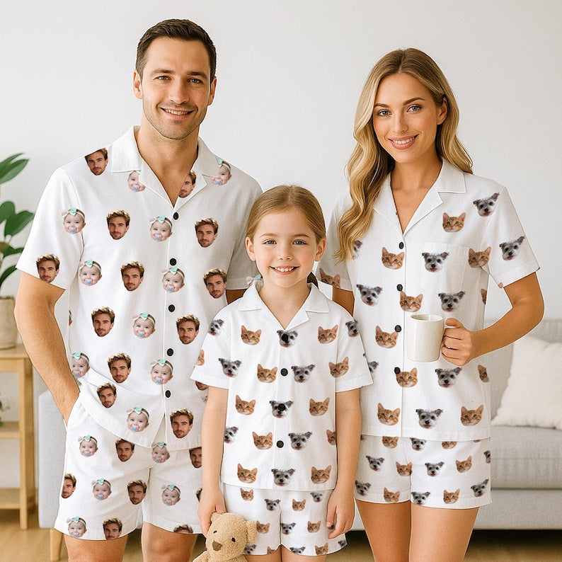 Custom Photo Pajama Set, Personalized Face or Pet Print Short Sleeve PJs, Matching Family Sleepwear, Fun Christmas Gift for Couples