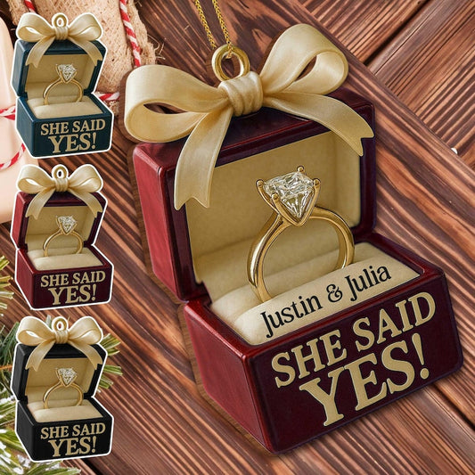 Personalized Engagement Ornament, She Said Yes, Custom Names, Our First Christmas Engaged 2025, Gift for Couple, Ring Box Gift