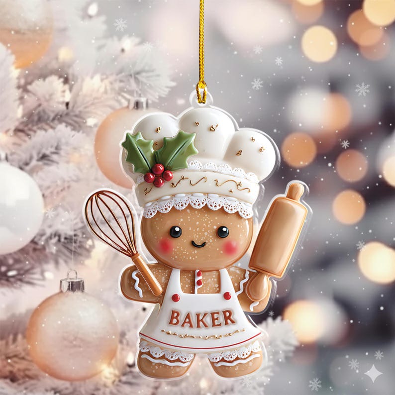 Gingerbread Chef Acrylic Ornament, Baker Christmas Ornament, Personalized Kitchen Decor Gift for Baking Lovers