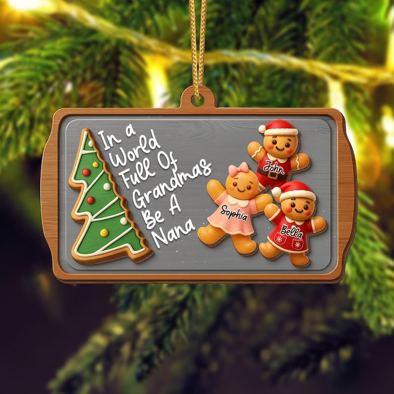 Personalized Nana Ornament 2025, Gingerbread Family Wood Keepsake