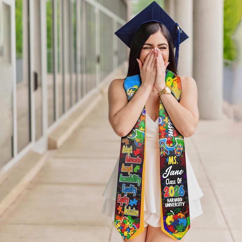 Personalized Autism-Themed Graduation Stole with Colorful Puzzle Design Graduation Stole, Graduate Gifts Graduation Day Gift