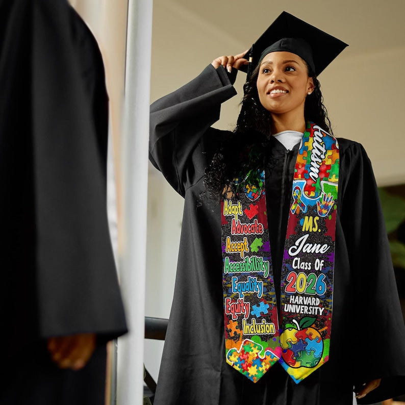 Personalized Autism-Themed Graduation Stole with Colorful Puzzle Design Graduation Stole, Graduate Gifts Graduation Day Gift