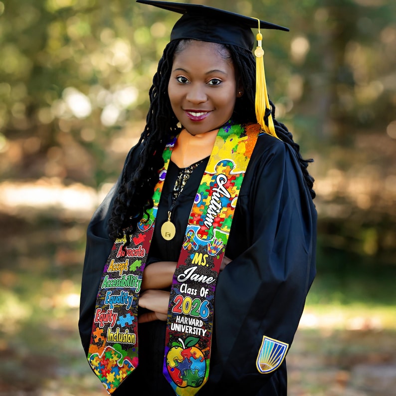 Personalized Autism-Themed Graduation Stole with Colorful Puzzle Design Graduation Stole, Graduate Gifts Graduation Day Gift