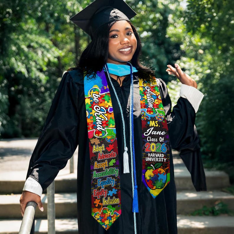 Personalized Autism-Themed Graduation Stole with Colorful Puzzle Design Graduation Stole, Graduate Gifts Graduation Day Gift
