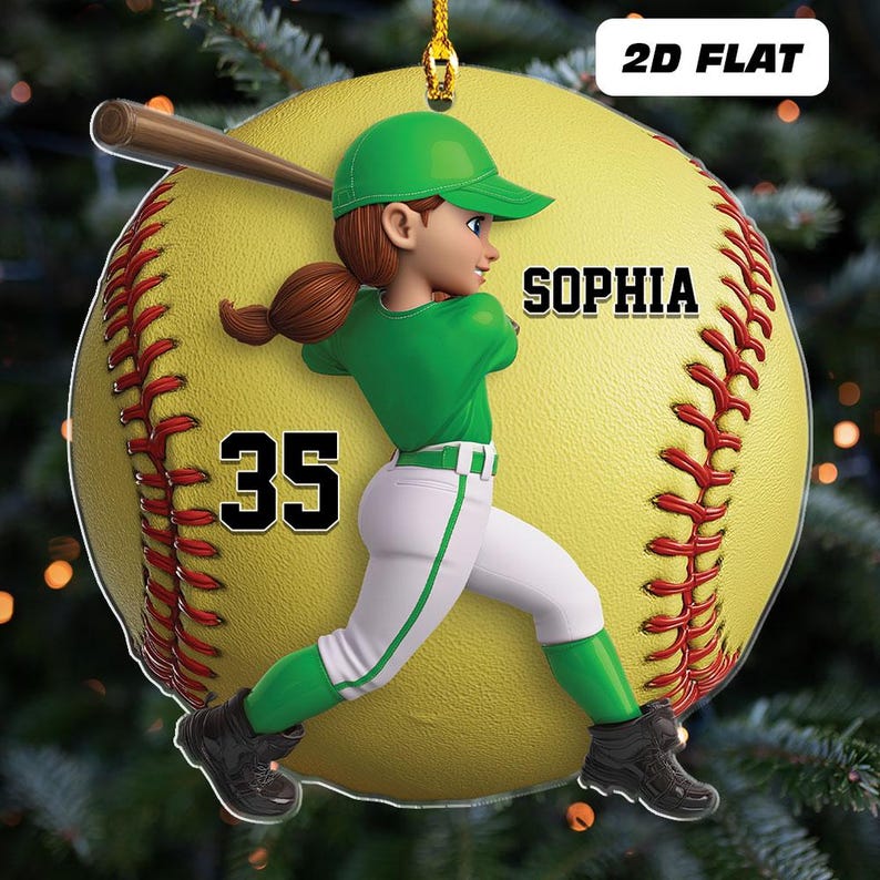 Personalized Girl Softball Players Ornament, Player Name & Number, Sports Xmas Gift, Christmas Tree Decor