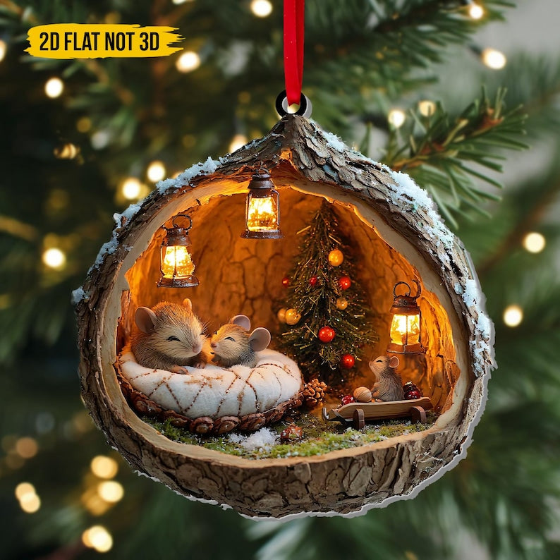 Wood Slice Acrylic Ornament With Cozy Mice, Woodland Christmas Tree Decoration, Rustic Winter Gift