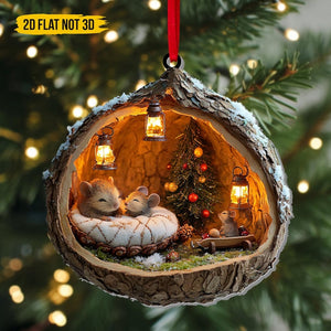 Wood Slice Acrylic Ornament With Cozy Mice, Woodland Christmas Tree Decoration, Rustic Winter Gift