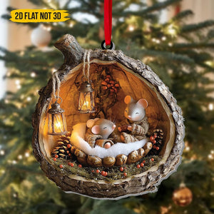 Wood Slice Acrylic Ornament With Cozy Mice, Woodland Christmas Tree Decoration, Rustic Winter Gift