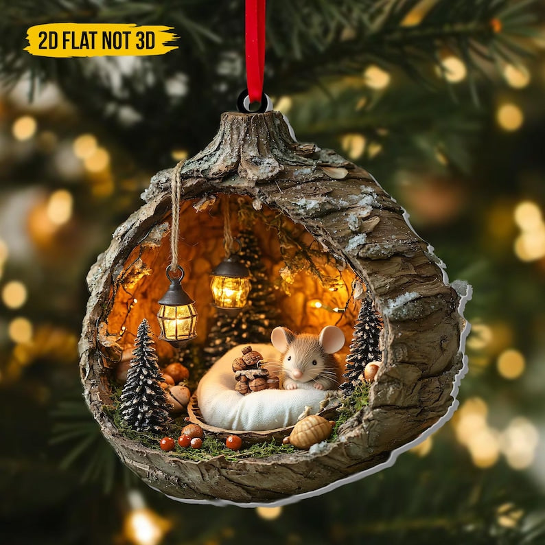 Wood Slice Acrylic Ornament With Cozy Mice, Woodland Christmas Tree Decoration, Rustic Winter Gift