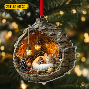 Wood Slice Acrylic Ornament With Cozy Mice, Woodland Christmas Tree Decoration, Rustic Winter Gift