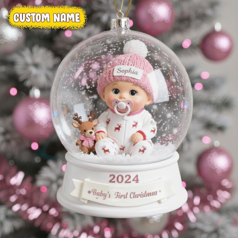 Personalized Baby's 1st Christmas Ornament 2025, Custom Name Snow Globe Keepsake Gift for Baby Girl's First Christmas, 2d Flat Ornament