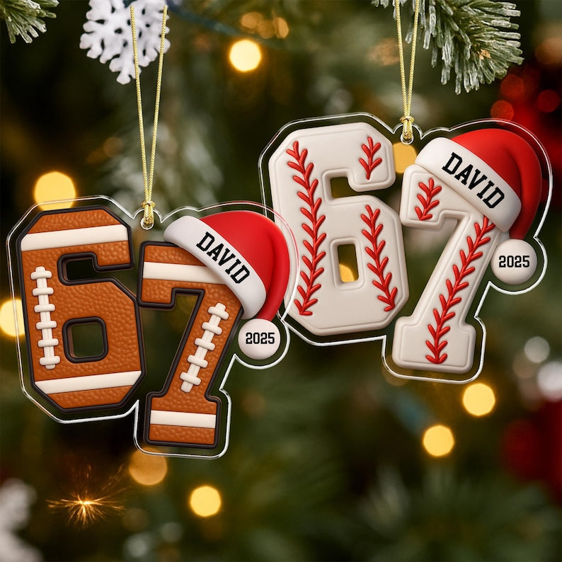 Custom Name 67 Sport Ornament, Acrylic Soccer Baseball Volleyball Basketball Ornament, Six Seven Gen Alpha Humor, Funny Slang 67 Meme Gift