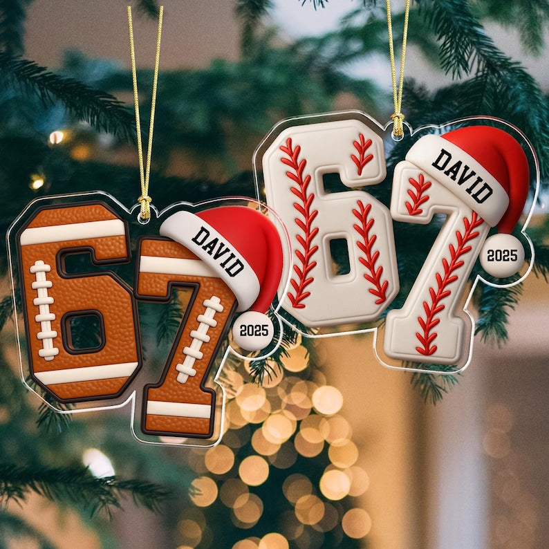 Custom Name 67 Sport Ornament, Acrylic Soccer Baseball Volleyball Basketball Ornament, Six Seven Gen Alpha Humor, Funny Slang 67 Meme Gift