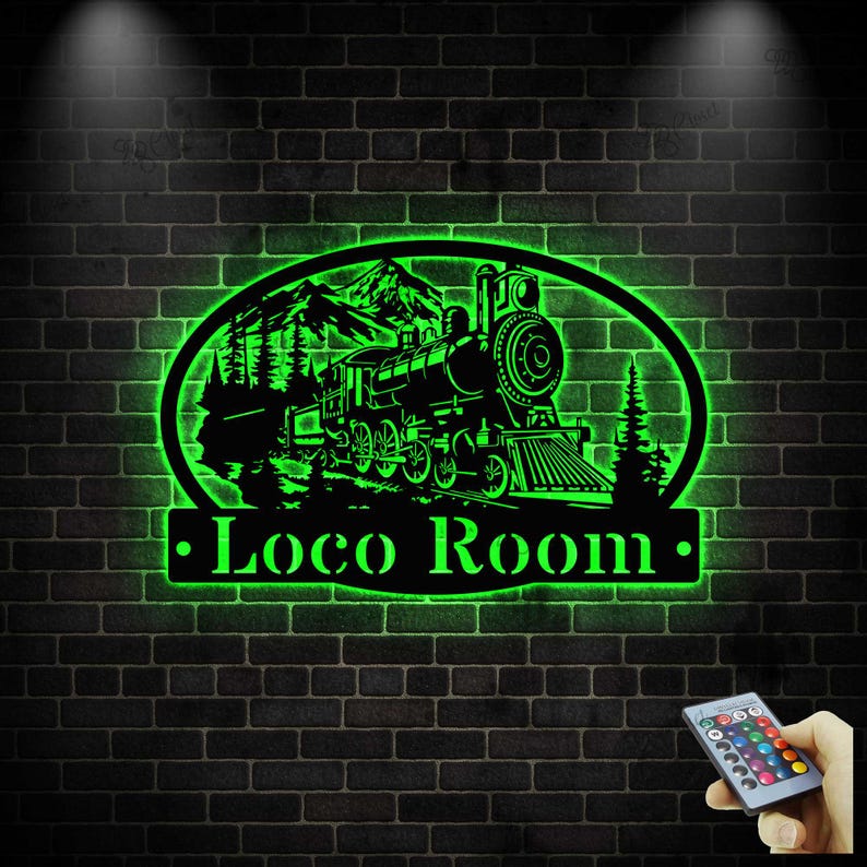 Personalized Train Metal Sign LED light: Powder Coated Metal Steam Engine Train Sign