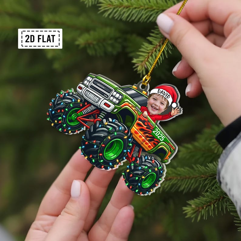 Personalized Baby Monster Truck Photo 2D Flat Acrylic Ornament, Custom Baby Face Ornament, Funny Baby Truck Gift, Kids Xmas Gift