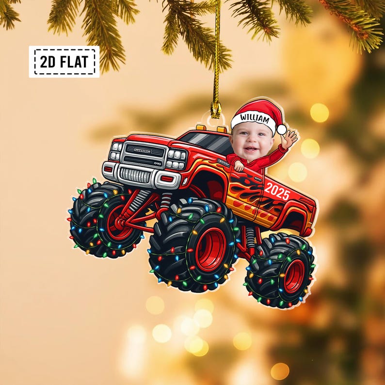 Personalized Baby Monster Truck Photo 2D Flat Acrylic Ornament, Custom Baby Face Ornament, Funny Baby Truck Gift, Kids Xmas Gift
