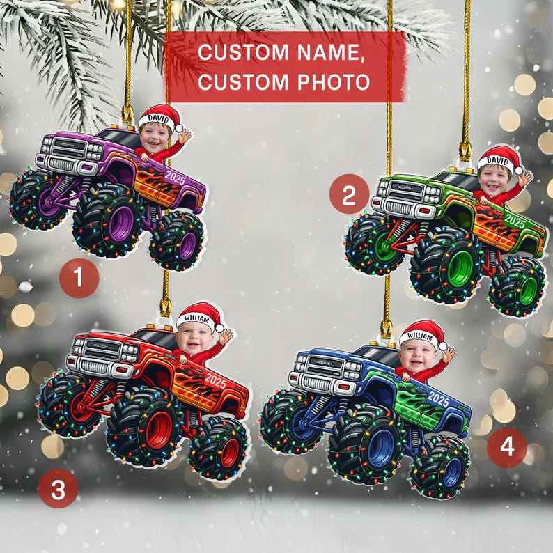 Personalized Baby Monster Truck Photo 2D Flat Acrylic Ornament, Custom Baby Face Ornament, Funny Baby Truck Gift, Kids Xmas Gift
