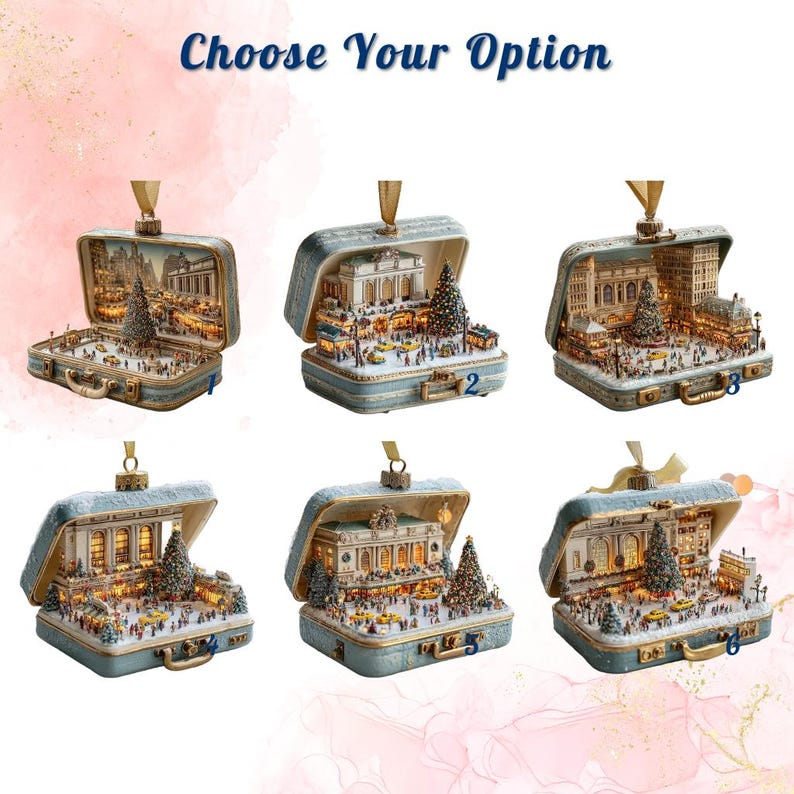 New York Christmas Square 2D FLAT ORNAMENT, Mini Suitcase City Scene, Holiday Tree NYC Winter Village Decor