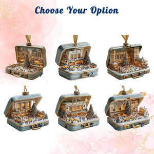 New York Christmas Square 2D FLAT ORNAMENT, Mini Suitcase City Scene, Holiday Tree NYC Winter Village Decor