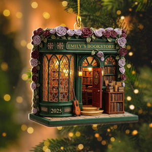 Personalized Bookstore Ornament 2025, Custom Name Book Store Gifts, Book Lover Christmas, 2D Flat Wooden Miniature Library, Reader Bookshelf