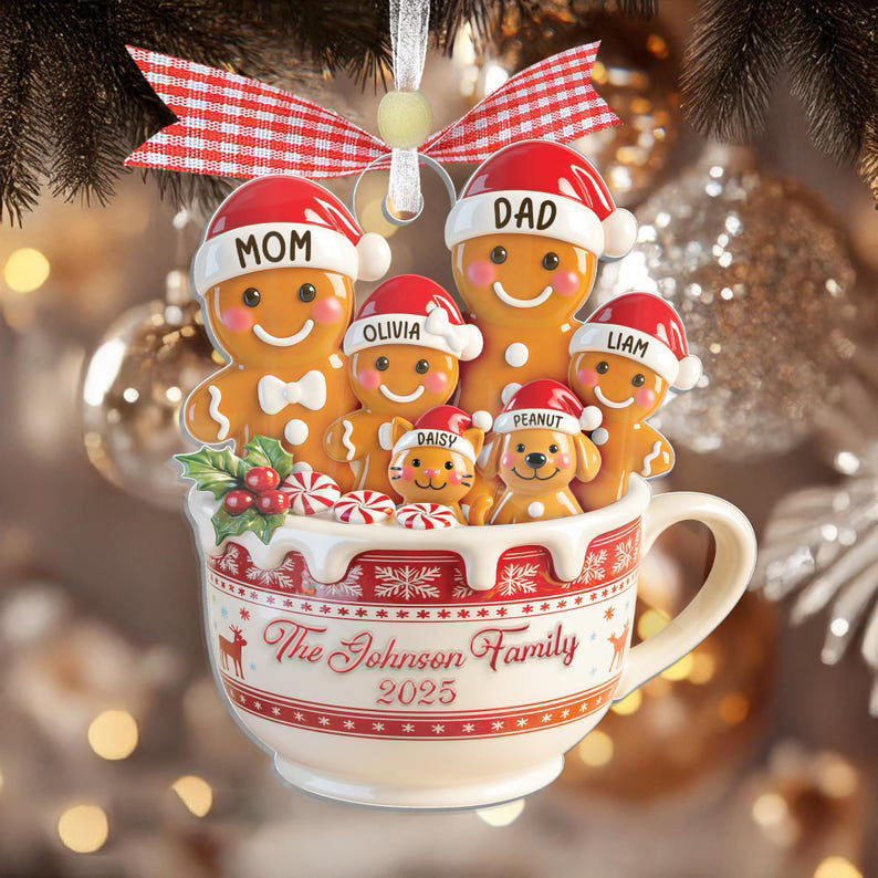 Personalized Gingerbread Family Ornament with Pets Custom Christmas Mug Keepsake with Names & Year, Family of 3 4 5 6 7 with Dog or Cat