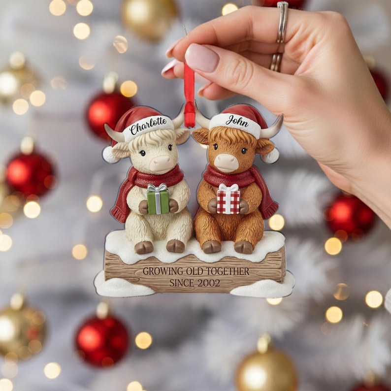 Personalized Highland Cow Ornament - Couple Anniversary Christmas Gift