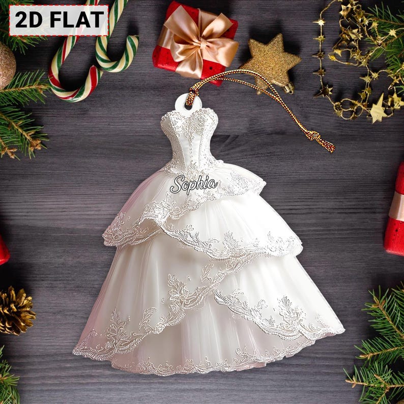 Wedding Dress 2D Flat Ornament, Personalized Bride Keepsake, Elegant Lace Gown Christmas Ornament Gift for Her, Bride Wedding Dress Xmas