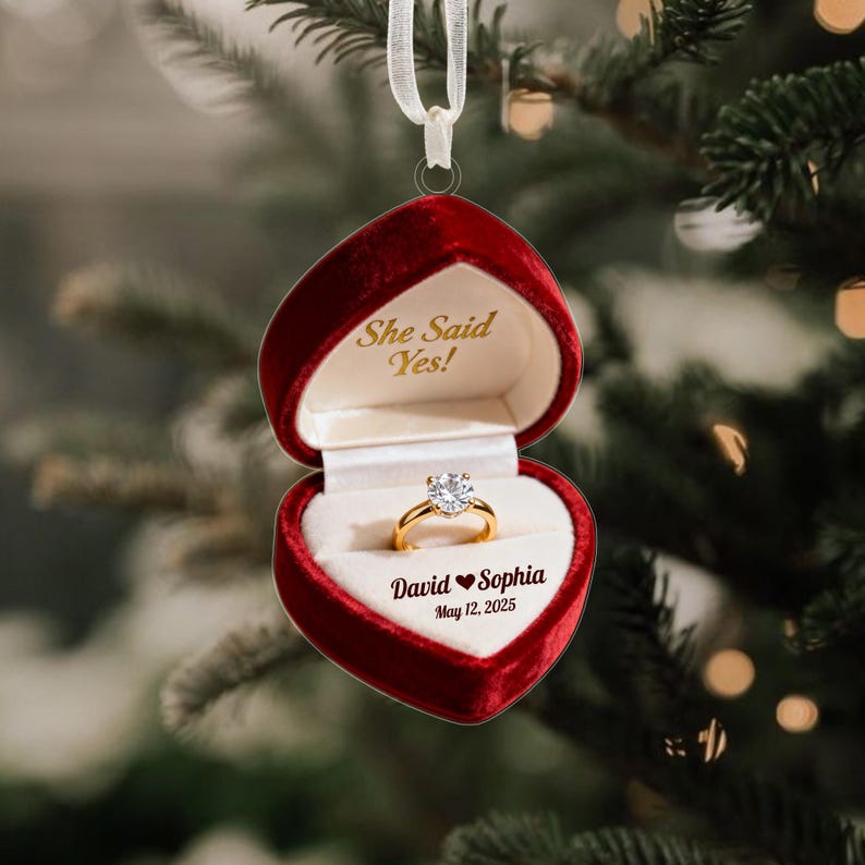 Engaged Ring Box Christmas Ornament, Engagement First Xmas Decor, Wedding 2025 Keepsake, New Couple Christmas Gift, Just Married Xmas Gift
