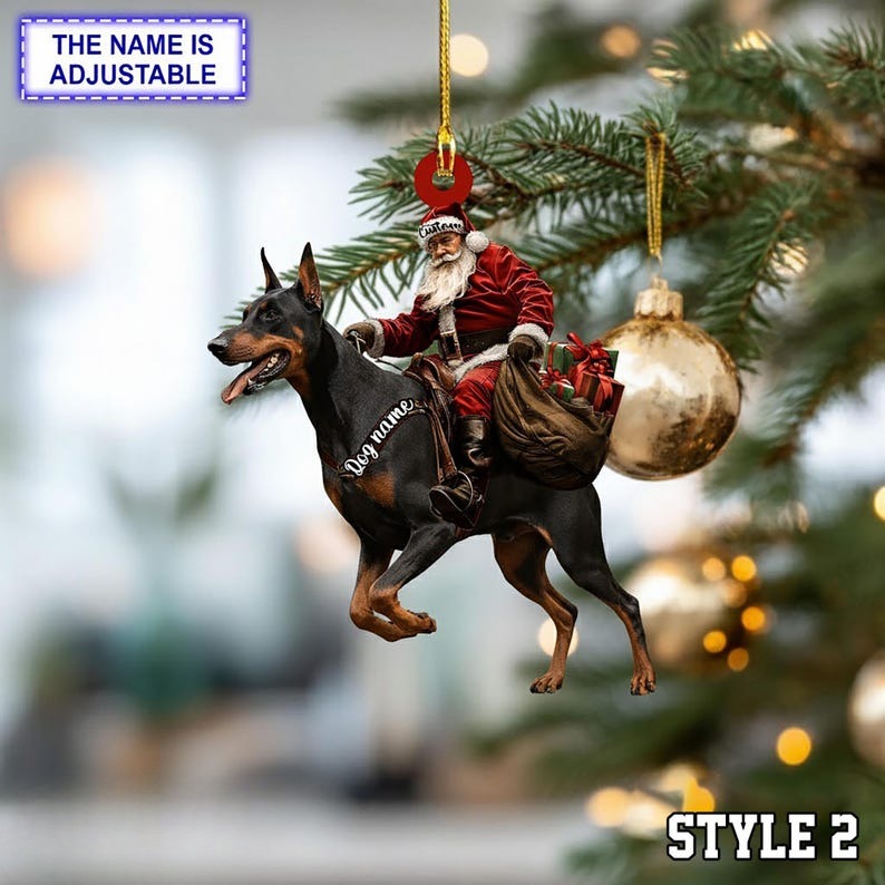 Santa Riding Doberman Christmas Ornament, Funny Dog Lover Tree Hanging Decoration, Holiday Pet Gift, Custom Name Doberman Ornament