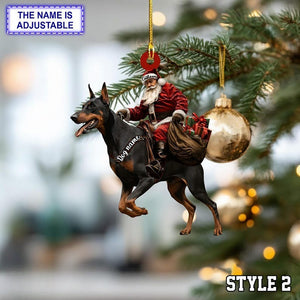 Santa Riding Doberman Christmas Ornament, Funny Dog Lover Tree Hanging Decoration, Holiday Pet Gift, Custom Name Doberman Ornament