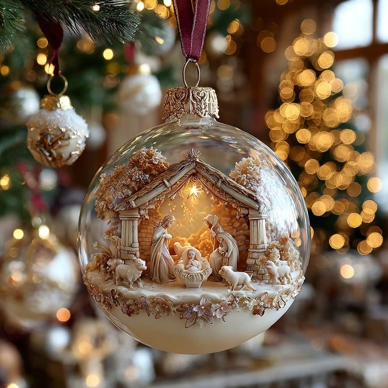 Nativity Scene 2D FLAT ORNAMENT, Holy Family Christmas Decor, Blessed Manger Glass Ball Ornament Gift