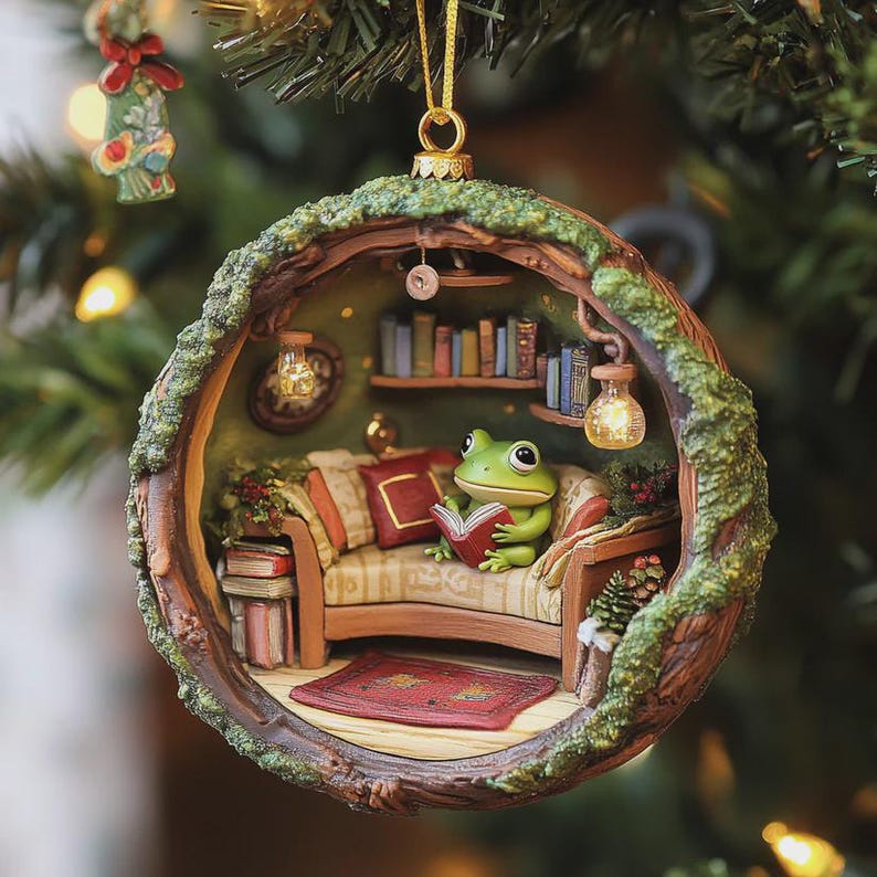 Cozy Frog Reading Nook Acrylic Ornament, Cute Frog Ornament, Frog Keepsake, Funny Animal Ornament, Frog Lover Ornament Gift,Funny Frog Lover
