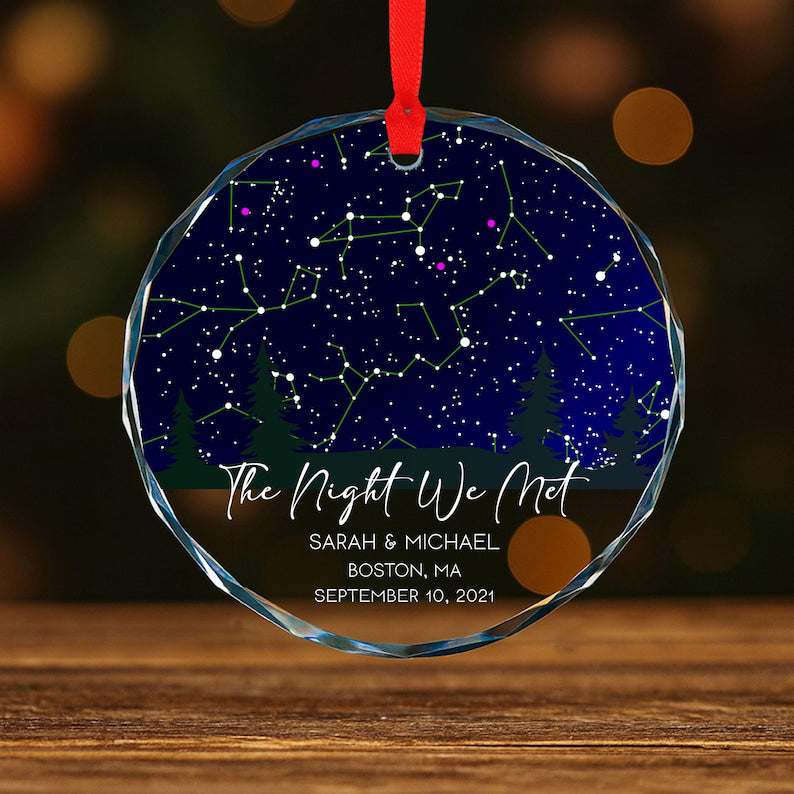 The Night We Met Personalized Star Map Glass Ornament, Custom Night Sky Gift for Couples, Wedding Anniversary Keepsake