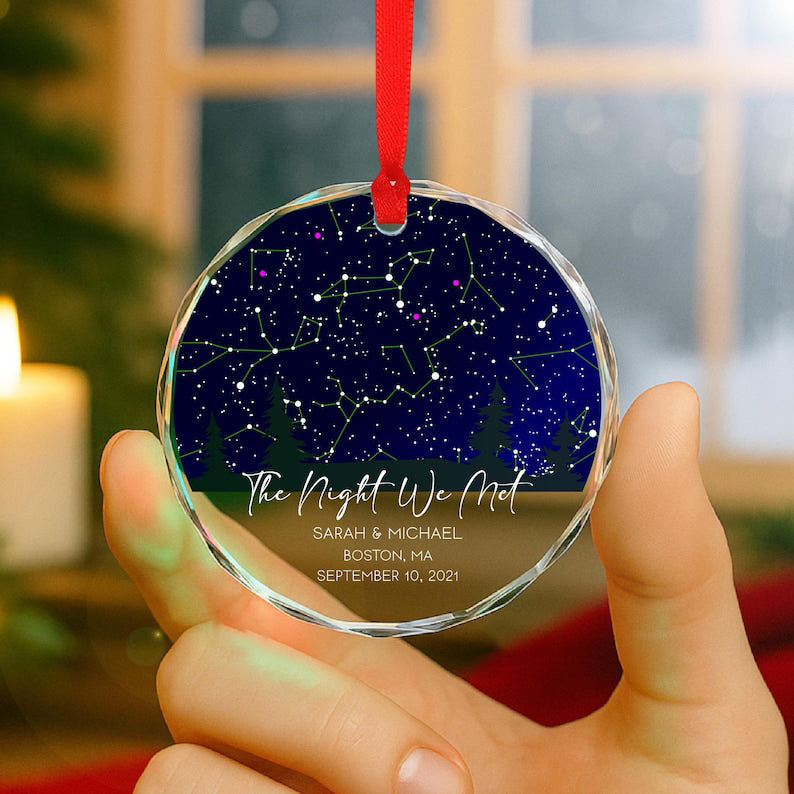 The Night We Met Personalized Star Map Glass Ornament, Custom Night Sky Gift for Couples, Wedding Anniversary Keepsake