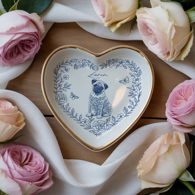 Custom Dog Cat Jewelry Dish, Toile De Jouy Pet Ring Dish , Personalized Pet Portrait Ceramic Christmas , Pet Mom Photo Gift, Pet Lover Gift