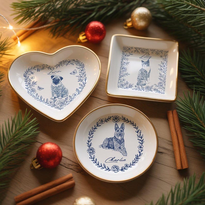 Custom Dog Cat Jewelry Dish, Toile De Jouy Pet Ring Dish , Personalized Pet Portrait Ceramic Christmas , Pet Mom Photo Gift, Pet Lover Gift