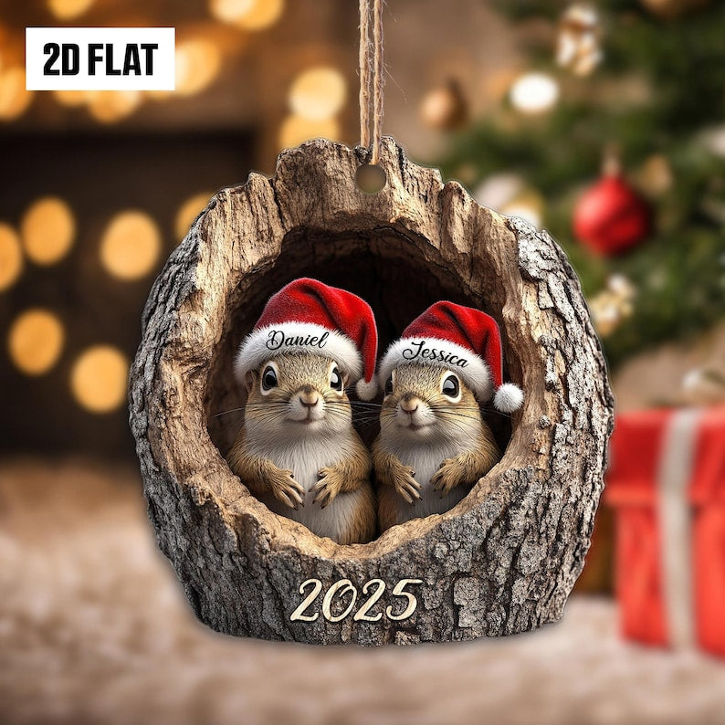 Personalized Squirrel Couple 2D Flat Christmas Ornaments, Custom Name Christmas Ornaments, Couples Xmas Gift, Woodland Animal Holiday Decor