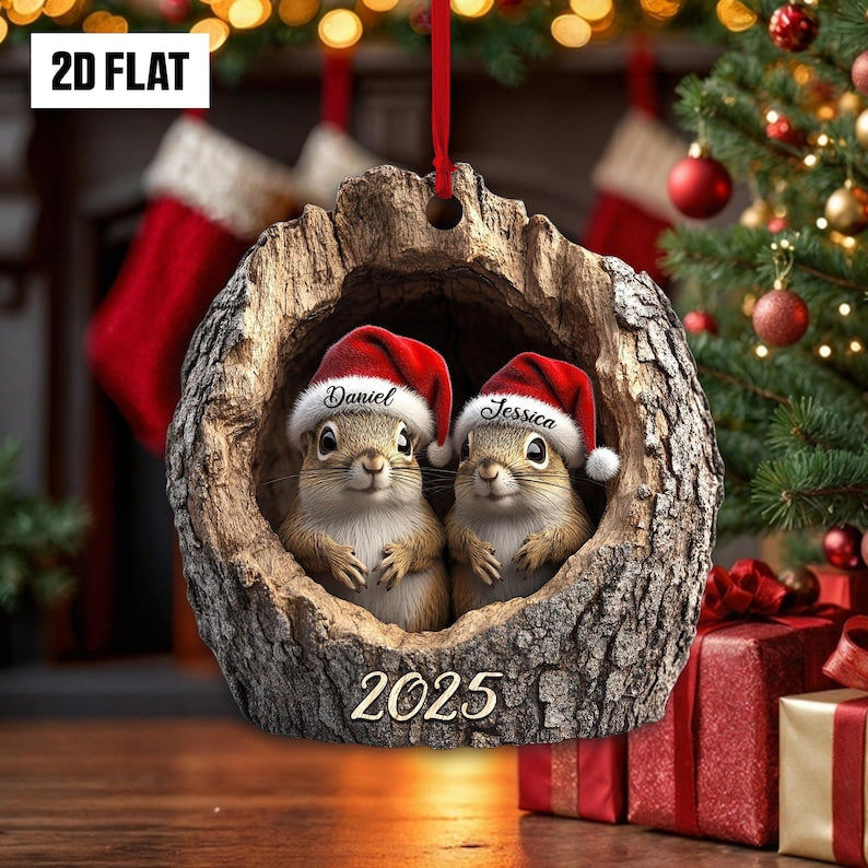 Personalized Squirrel Couple 2D Flat Christmas Ornaments, Custom Name Christmas Ornaments, Couples Xmas Gift, Woodland Animal Holiday Decor