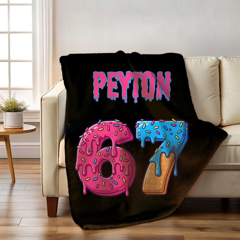 Custom Funny Six Seven Kids Name Blanket,Personalized Ice Cream Drip Number Blanket,67 Gen Meme Holiday Gift,Mason 67 Joke Blanket for Kids