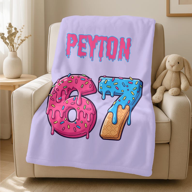Custom Funny Six Seven Kids Name Blanket,Personalized Ice Cream Drip Number Blanket,67 Gen Meme Holiday Gift,Mason 67 Joke Blanket for Kids