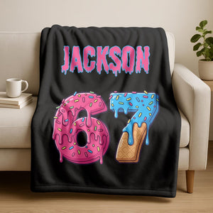 Custom Funny Six Seven Kids Name Blanket,Personalized Ice Cream Drip Number Blanket,67 Gen Meme Holiday Gift,Mason 67 Joke Blanket for Kids