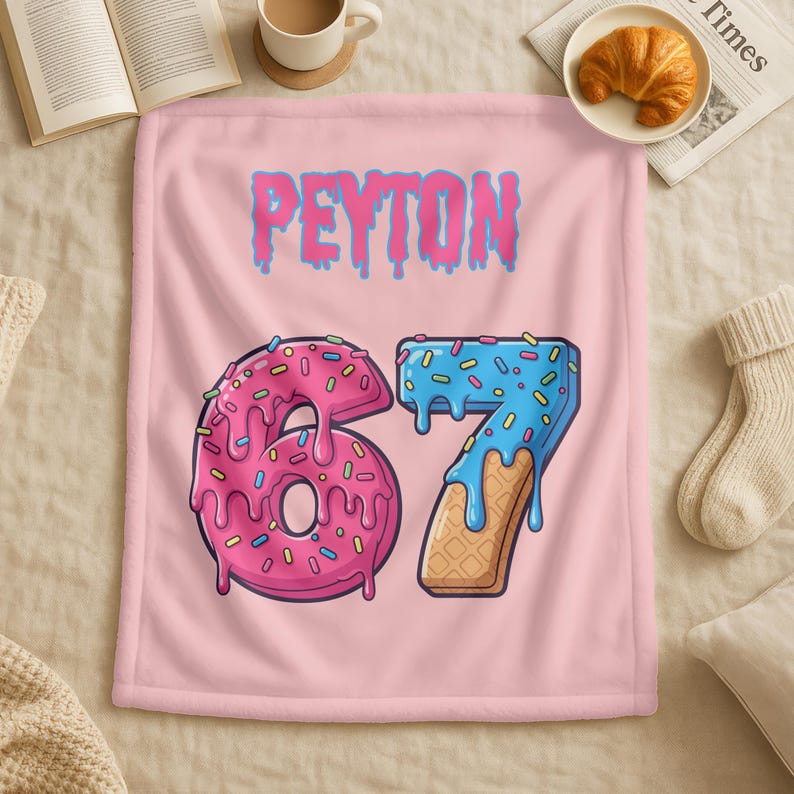 Custom Funny Six Seven Kids Name Blanket,Personalized Ice Cream Drip Number Blanket,67 Gen Meme Holiday Gift,Mason 67 Joke Blanket for Kids