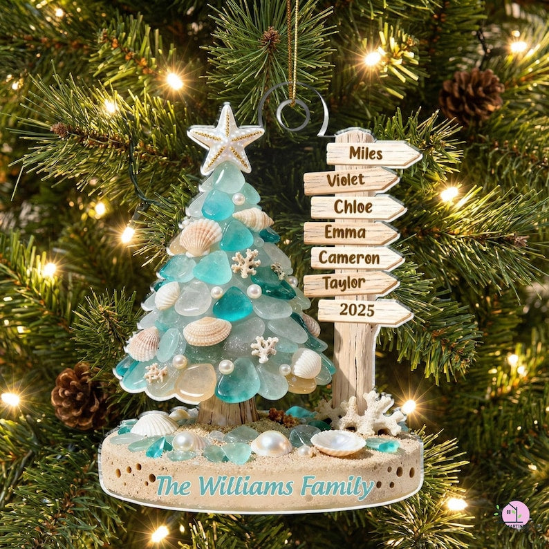 Personalized Beach Family Acrylic Ornament, Custom Sea Glass Coastal Christmas 2025 Gift